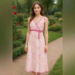 Vintage Y2K Studio Y Dress Size 13/14 Pink White Floral Sleeveless with ribbon